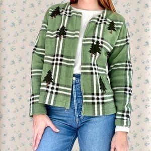 Green Plaid Fleece Zip Up Sweater/Jacket with Embroidered Trees